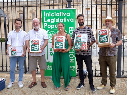 Miembros de la plataforma para la bajada de ratios por ley en la educación andaluza, este jueves frente al Parlamento.