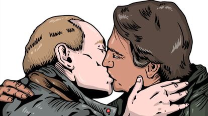 A satire on the new authoritarianism posted on the site features Russian President Vladimir Putin kissing the Brazilian President.