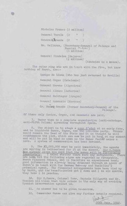 Documento desclasificado en el que se muestra una lista de los generales sobornados.