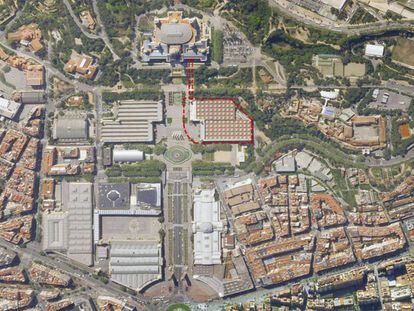 Imagen aérea de Montjuïc, con la idea que baraja el propio MNAC sobre su ampliación, en trazo rojo. 
