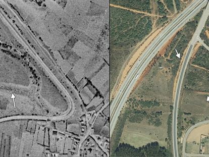 Castro de Pradorrey, antes y después de su destrucción por la carretera Nacional VI y una gravera que lo vació completamente.