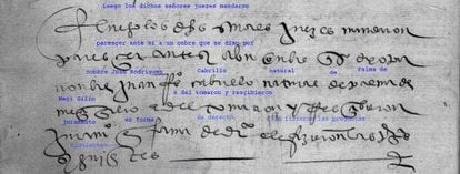 El documento en el que aparece el nombre de Cabrillo, con la transcripción.
