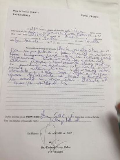 Informe del metge de la cornada de Rivera Ordóñez.