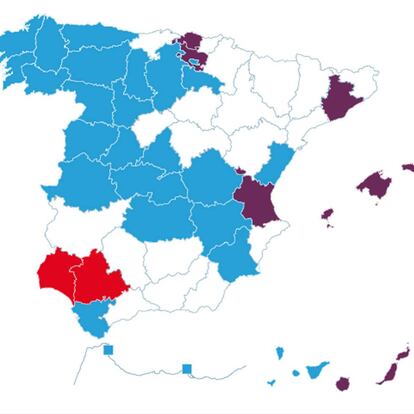 Estimación del voto por provincias (el blanco es empate).