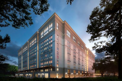 Imagen generada por ordenador del proyecto de Munger Hall, bautizado por sus numerosos detractores como Dormzilla.