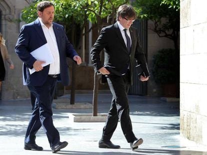 El vicepresident de la Generalitat, Oriol Junqueras, i el president, Carles Puigdemont, aquest juny.