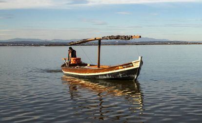 Una 'albuferenc', embarcación tradicional, en la laguna de la Albufera de Valencia.
