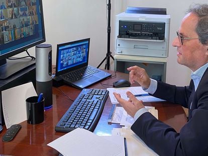 El presidente de la Generalitat, Quim Torra, en la videoconferencia de presidentes autonómicos.