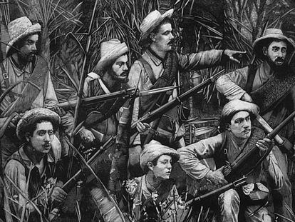 Imagen de la guerrilla de tropas españolas en la manigua (jungla, selva) durante la guerra de Cuba.