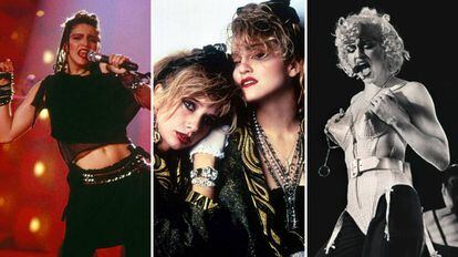 Madonna en 1980, en 1985 con Rosanna Arquette y en 1990.