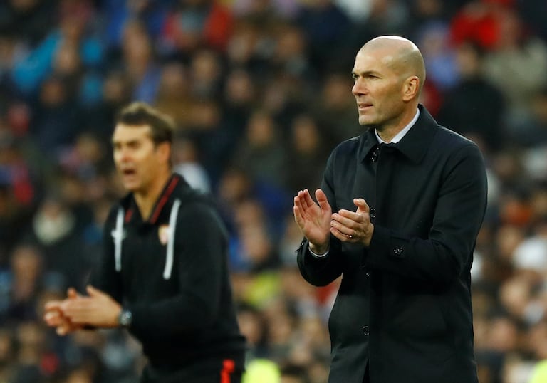 Zidane y Lopetegui durante el último enfrentamiento entre el Real Madrid y el Sevilla.