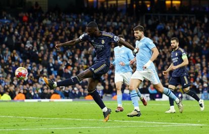 Rudiger shoots on goal during the match.