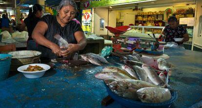 Una mujer de Juchit&aacute;n de Zaragoza (M&eacute;xico) manipula pescado en un comercio. 