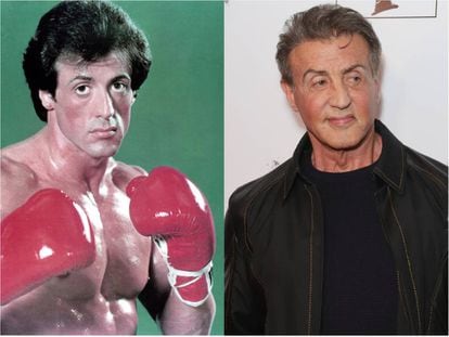 Sylvester Stallone en ‘Rocky (1976), la película que le dio fama mundial, y en el estreno de ‘One Night: Joshua Vs. Ruiz’ en Beverly Hills en 2019.