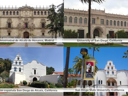 Fotografías de edificios españoles y californianos que aparecen en el tuit de la Embajada de Estados Unidos en España.
