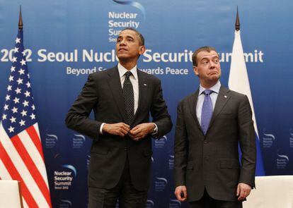 Obama y Medvedev, durante encuentro bilateral celebrada en el marco de cumbre sobre seguridad nuclear de Seúl.