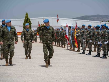 Ceremonia de relevo de la Brigada Multinacional Este de la Fuerza de Naciones Unidas para Líbano (Unifil), bajo mando español, el 30 de mayo de 2022, en Marjayún, en el sur del país.