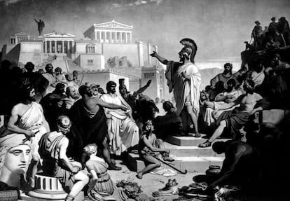 Una representación de Pericles durante el jucio de Aspasia en Atenas.