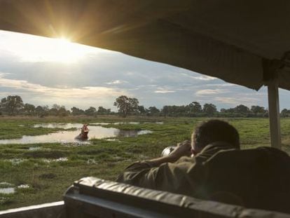 Un turista fotografía un hipopótamo durante un safari fotográfico en el delta del Okavango, en Botsuana.