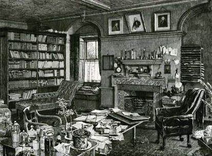 Grabado del estudio de Charles Darwin (Shrewsbury, 1809-Downe, 1882) en Down House<i> </i>realizado por Axel H. Haig unos meses antes de la muerte del naturalista.