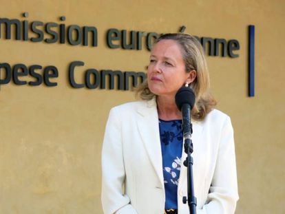 La vicepresidenta económica, Nadia Calviño, durante una visita a la Comisión Europea, en Bruselas.