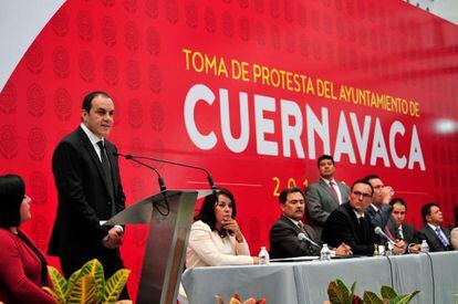 Cuauht&eacute;moc Blanco, en su primer discurso como alcalde de Cuernavaca.