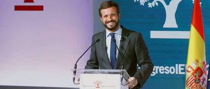 El presidente del PP; Pablo Casado, durante el 23 Congreso Nacional de la Empresa Familiar celebrado este lunes en Casa América, en Madrid.