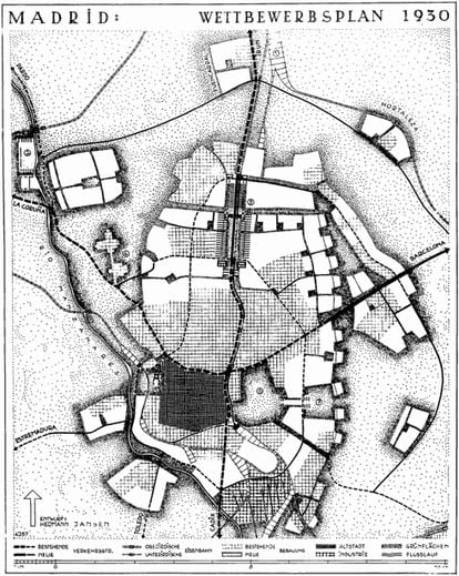 El futuro de Madrid, en alemán. En este croquis presentado en 1929, el arquitecto Hermann Jansen plantea su visión, conjunta con Secundino Zuazo.