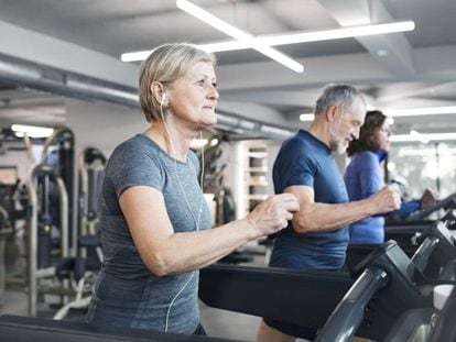 Personas mayores hacen ejercicio en un gimnasio.