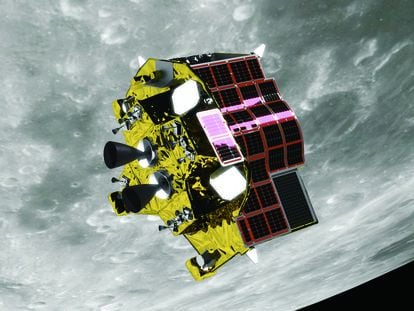 Recreación del módulo 'SLIM' sobrevolando la Luna.