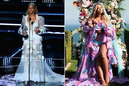 Dos momentos "made in Spain": a la izquierda, cuando Beyoncé vistió este traje de novia de la firma nupcial catalana Yolancris para recoger su premio en los VMAs 2016. A la derecha, vestida de Palomo Spain en la foto con la que anunció en Instagram el nacimiento de sus gemelos el pasado mes de julio.