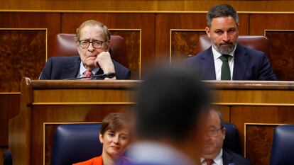 Sánchez (de espaldas) se dirige a la bancada de Vox, con Tamames y Abascal.