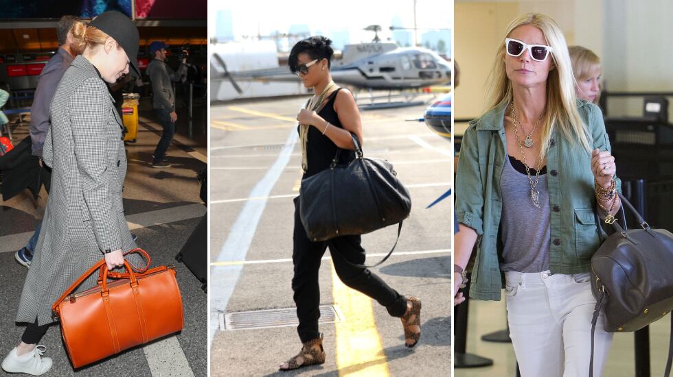 Ejemplos de bolsos de mano que han utilizado la actriz Emma Stone, la cantante Rihanna y la actriz Gwyneth Paltrow para viajar. GETTY IMAGES.