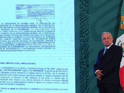 El presidente de México, Andrés Manuel López Obrador, muestra el contrato que la PGR realizó para la compra de Pegasus, durante una conferencia de prensa en julio de 2021.