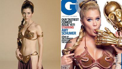 Otra de las prendas icónicas de Leia Organa es este sexy conjunto que viste durante su periodo como esclava de Jabba el Hutt. A la derecha, la humorista Amy Schumer reinterpretándolo para la edición norteamericana de GQ.
