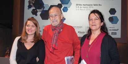 Azkuna, entre Laure Kaltenbach, directora de Forum d&rsquo;Avignon (izquierda) y Lourdes Fern&aacute;ndez, cuando se present&oacute; la cita en Bilbao el pasado 6 de febrero.