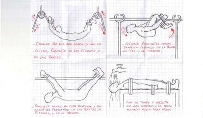 Dibujos de las torturas a las que fue sometido Ali Aarraas en Marruecos. Fueron realizados por Aarraas y la ayuda de otro detenido.