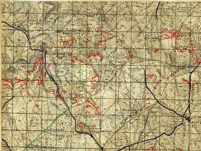 Hoja correspondiente al campo de batalla del Alto Tajuña al finalizar las operaciones de abril de 1938.