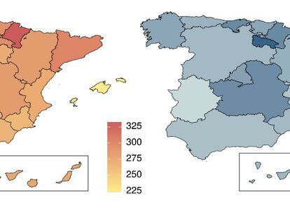 Mapas de la diversidad del microbioma español por regiones, según los índices ASV Observados (izquierda) y Shannon. En colores más oscuros, las zonas con mayor riqueza de microorganismos.