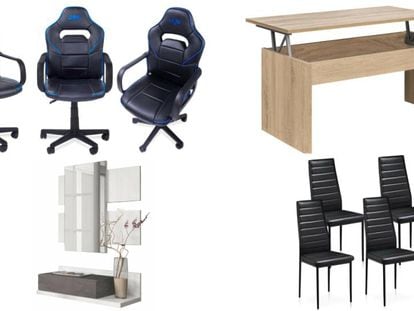De izquierda a derecha y de arriba a abajo: silla DRW-XTR 10 para 'gamers', mesa de centro elevable de madera, recibidor Tekkan para pared y lote de cuatro sillas de diseño clásico.