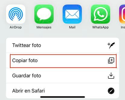 Opción de copiar una foto para luego pegarla en otra aplicación.