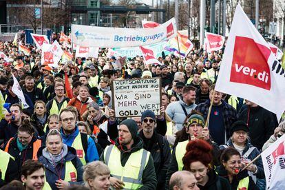 Protesta de los trabajadores del transporte público en Berlín, el pasado mes de marzo.