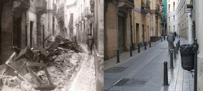 La calle Poeta Liern tras la riada del 57, en una de las comparativas de 'La Valencia desaparecida'.