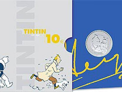 Aspecto de la moneda conmemorativa de 10 euros editada con motivo del 75º aniversario de Tintín.