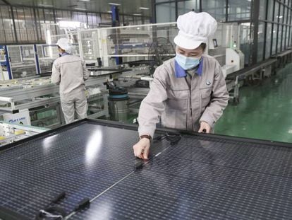 A plant that produces solar panels for export, in Lianyungang (Jiangsu province, China).