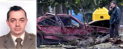 Luis Conde (izq) es el militar fallecido por el atentado en Santoña.- A la derecha, uno de los vehículos afectados por la onda expansiva del coche bomba