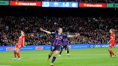 Aitana Bonmatí celebra su gol este jueves contra el Bayern de Múnich en el Camp Nou.