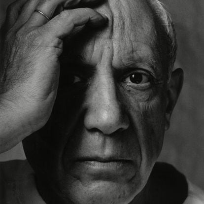 Pablo Picasso fue retratado por muchos de los grandes fotógrafos del siglo XX, algunos de los cuales se convertían en amigos personales. Le gustaba posar, por lo que son pocas las imágenes que le muestran trabajando. La imagen es un retrato del estadounidense Arnold Newman (1918-2006), tomado el 2 de junio de 1954 en Vallauris, Francia, donde el pintor vivió entre 1947 y 1955.
