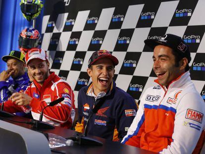 Dovizioso, Márquez y Petrucci, en la conferencia de prensa de este jueves en Sachsenring.