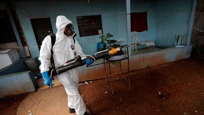 Un funcionario del Gobierno fumiga contra el dengue en Brasilia, en noviembre de 2020.